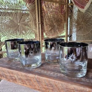 4  MCM Vitreon Queens Atomic Starburst Lusterware Lowball Wiskey Glasses Silver
